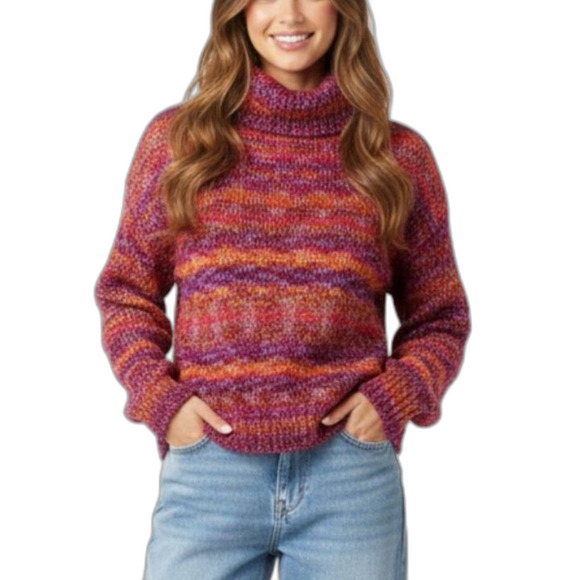 Ramy Brook NY Pink Orange Metallic Striped Chunky LS Turtleneck Sweater Size S - Picture 1 of 12